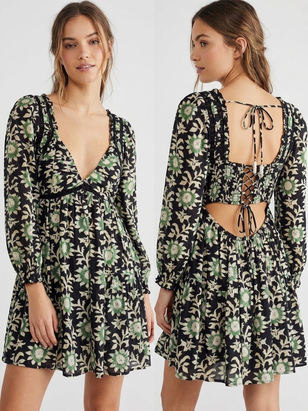 Free People Black and Green Floral Lace-Up Back Mini Dress